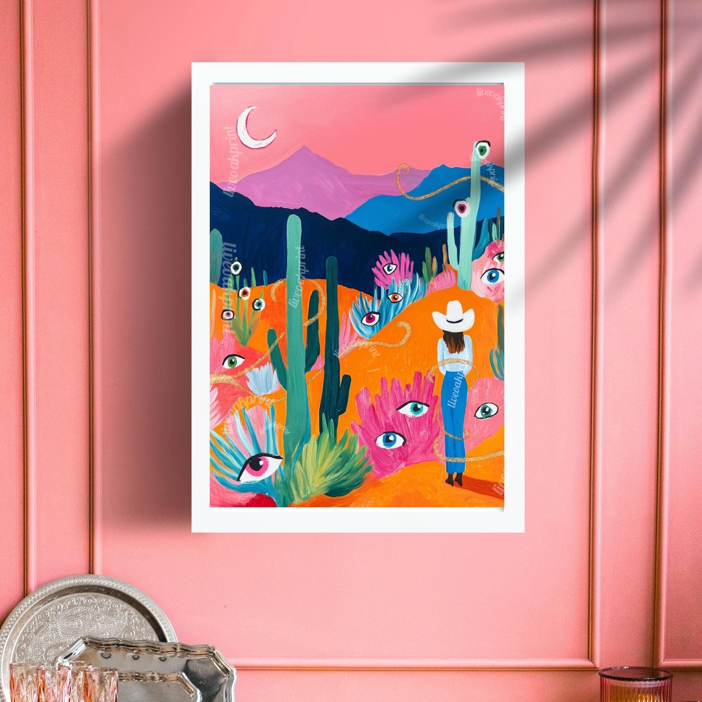 Surreal Desert Cowgirl Art Print – Western Wall Art – Funky Eye Art Print – Feminine Cowboy Decor – Moon Landscape Print