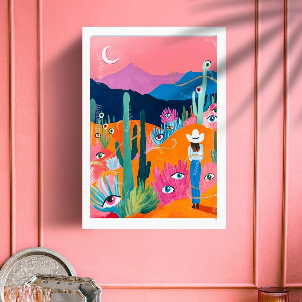Surreal Desert Cowgirl Art Print – Western Wall Art – Funky Eye Art Print – Feminine Cowboy Decor – Moon Landscape Print
