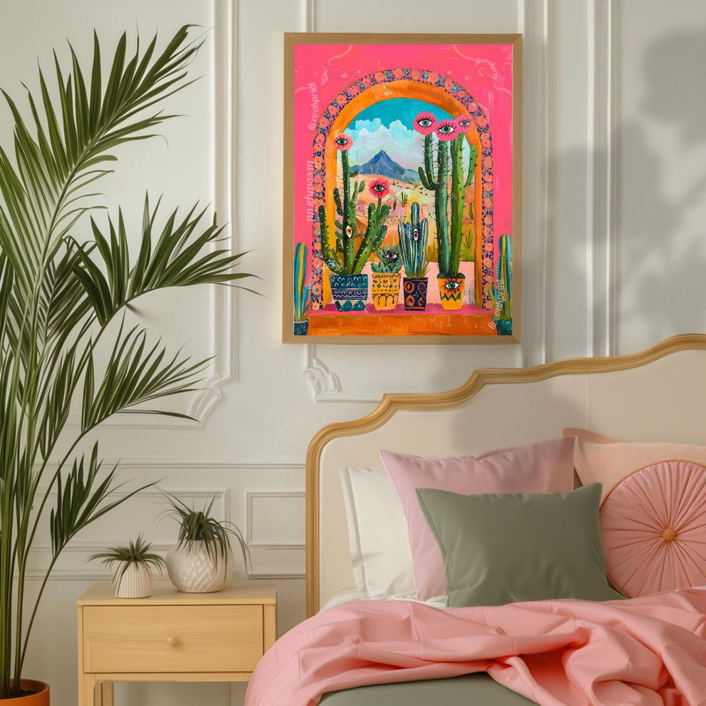 Surreal Cactus Art Print – Western Wall Art – Funky Eye Art Print – Pink Desert Decor – Maximalist Plant Poster Living Room Dopamine Decor