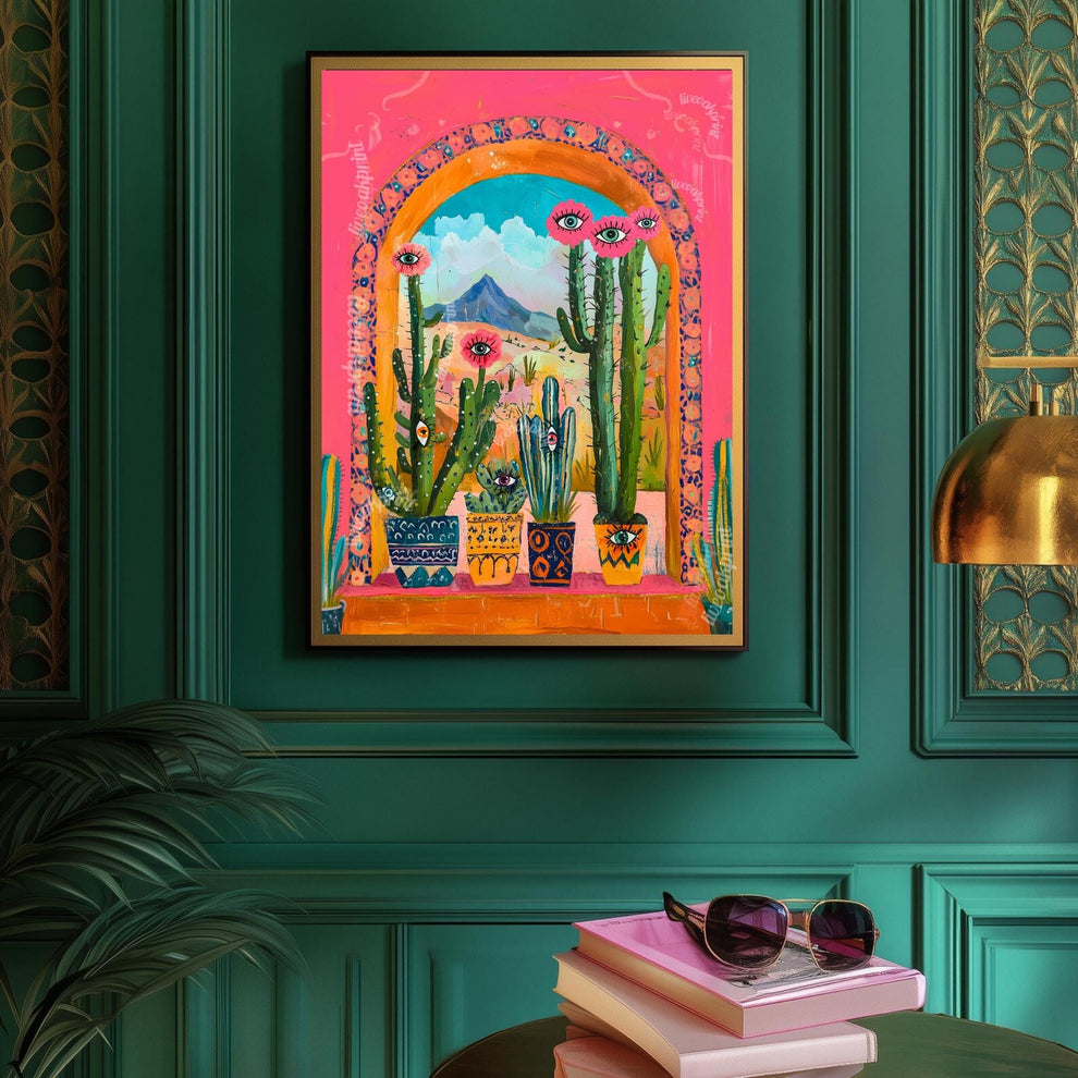 Surreal Cactus Art Print – Western Wall Art – Funky Eye Art Print – Pink Desert Decor – Maximalist Plant Poster Living Room Dopamine Decor