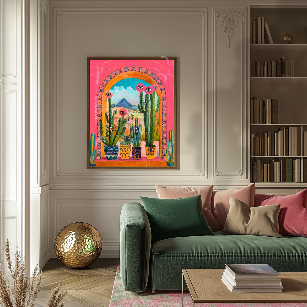 Surreal Cactus Art Print – Western Wall Art – Funky Eye Art Print – Pink Desert Decor – Maximalist Plant Poster Living Room Dopamine Decor