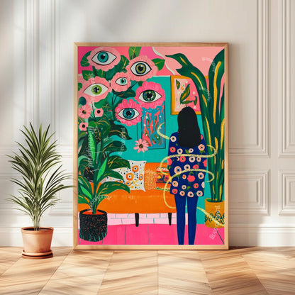 Woman in Surreal Living Room Art Print – Maximalist Boho Wall Decor