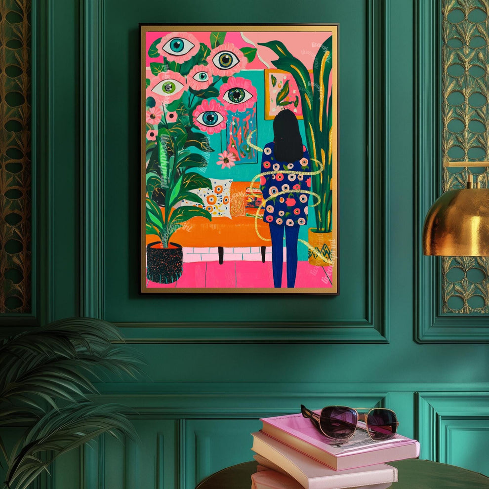 Woman in Surreal Living Room Art Print – Maximalist Boho Wall Decor