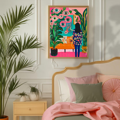 Woman in Surreal Living Room Art Print – Maximalist Boho Wall Decor