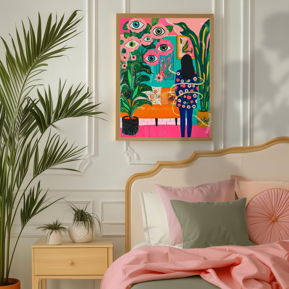 Woman in Surreal Living Room Art Print – Maximalist Boho Wall Decor