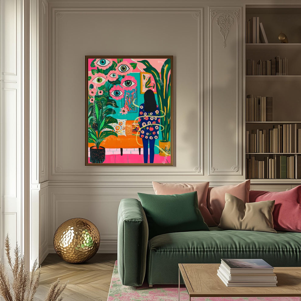 Woman in Surreal Living Room Art Print – Maximalist Boho Wall Decor