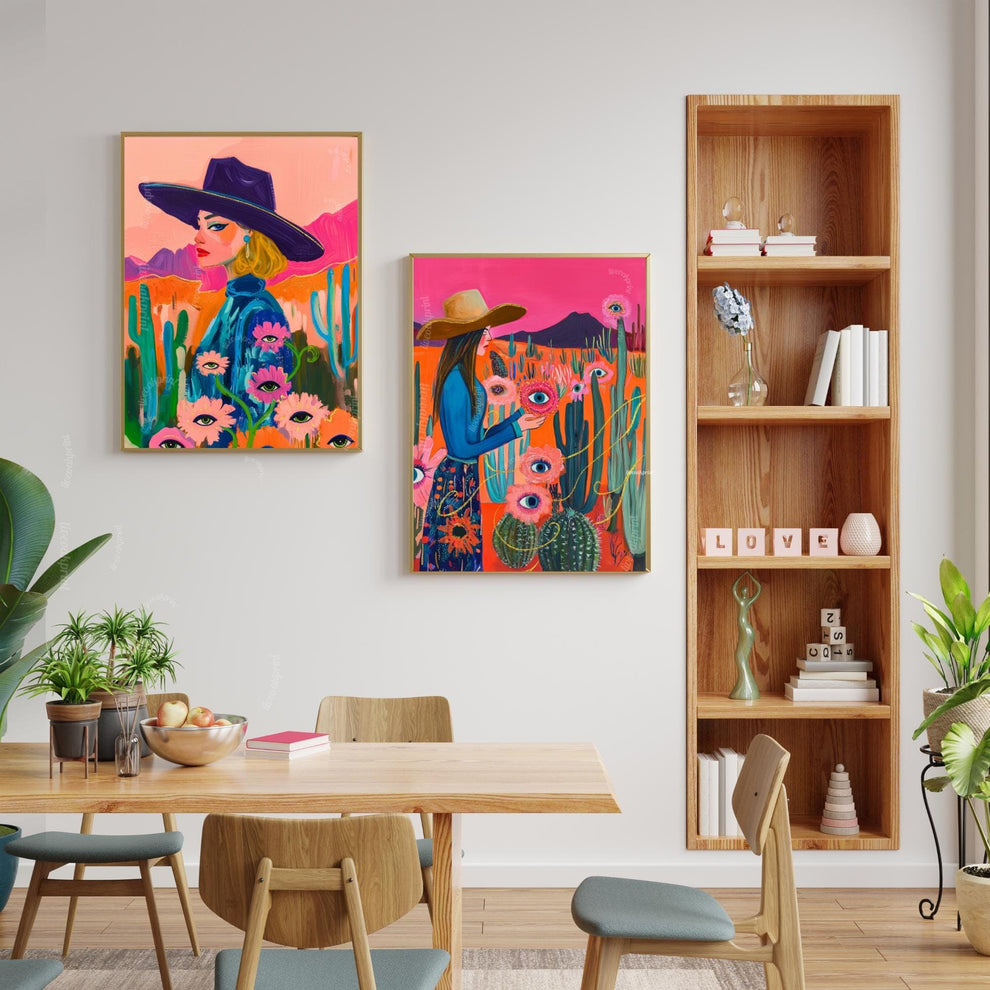 Maximalist Blonde Cowgirl Art Print – Western Desert Wall Art – Surreal Eye Flower Decor – Pink Funky Boho Eclectic Wall Art