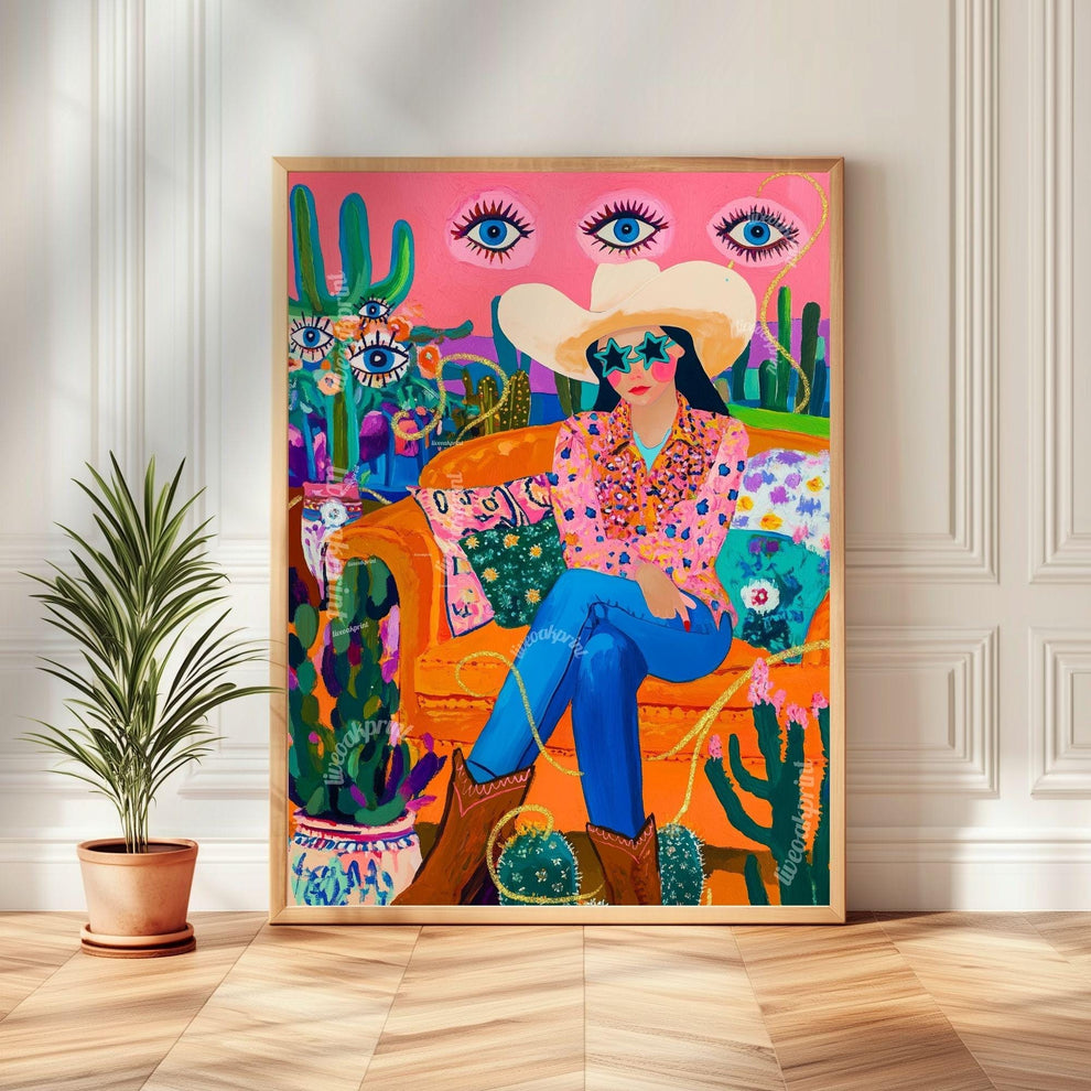 Surreal Cowgirl Art Print – Funky Western Wall Art – Pink Maximalist Decor – Eclectic Eye Flower Poster – Cactus Desert Print