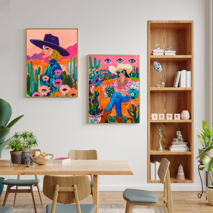 Surreal Cowgirl Art Print – Funky Western Wall Art – Pink Maximalist Decor – Eclectic Eye Flower Poster – Cactus Desert Print