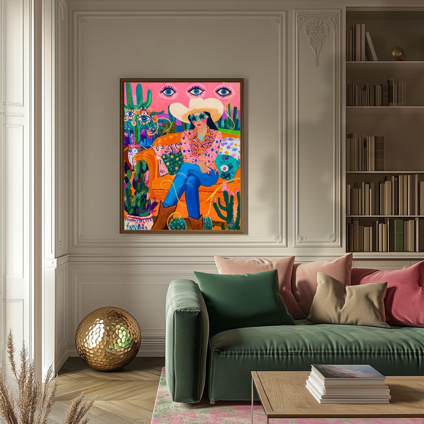 Surreal Cowgirl Art Print – Funky Western Wall Art – Pink Maximalist Decor – Eclectic Eye Flower Poster – Cactus Desert Print