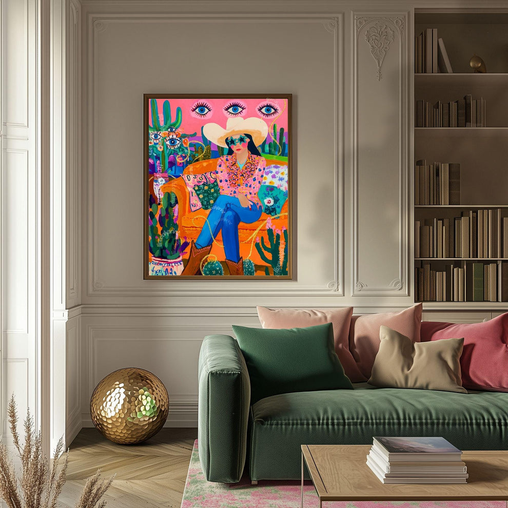 Surreal Cowgirl Art Print – Funky Western Wall Art – Pink Maximalist Decor – Eclectic Eye Flower Poster – Cactus Desert Print