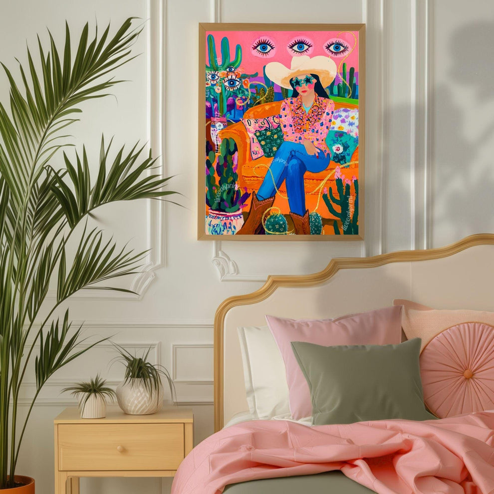 Surreal Cowgirl Art Print – Funky Western Wall Art – Pink Maximalist Decor – Eclectic Eye Flower Poster – Cactus Desert Print