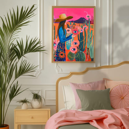 Surreal Cowgirl Flower Art Print – Funky Western Wall Art – Eye Flower Cactus Print – Pink Maximalist Desert Decor – Eclectic Wall Art