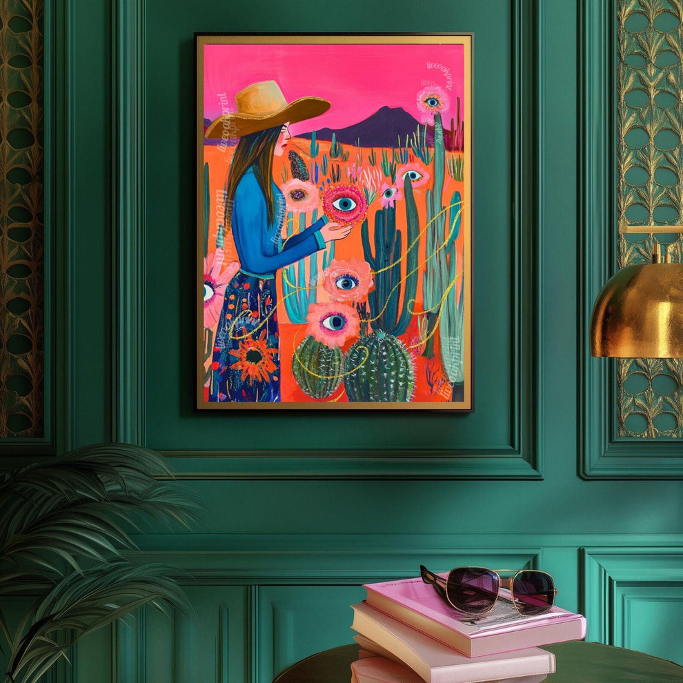 Surreal Cowgirl Flower Art Print – Funky Western Wall Art – Eye Flower Cactus Print – Pink Maximalist Desert Decor – Eclectic Wall Art