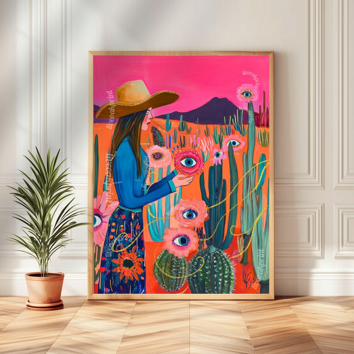 Surreal Cowgirl Flower Art Print – Funky Western Wall Art – Eye Flower Cactus Print – Pink Maximalist Desert Decor – Eclectic Wall Art
