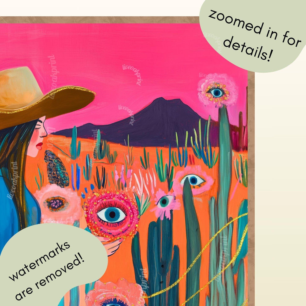 Surreal Cowgirl Flower Art Print – Funky Western Wall Art – Eye Flower Cactus Print – Pink Maximalist Desert Decor – Eclectic Wall Art