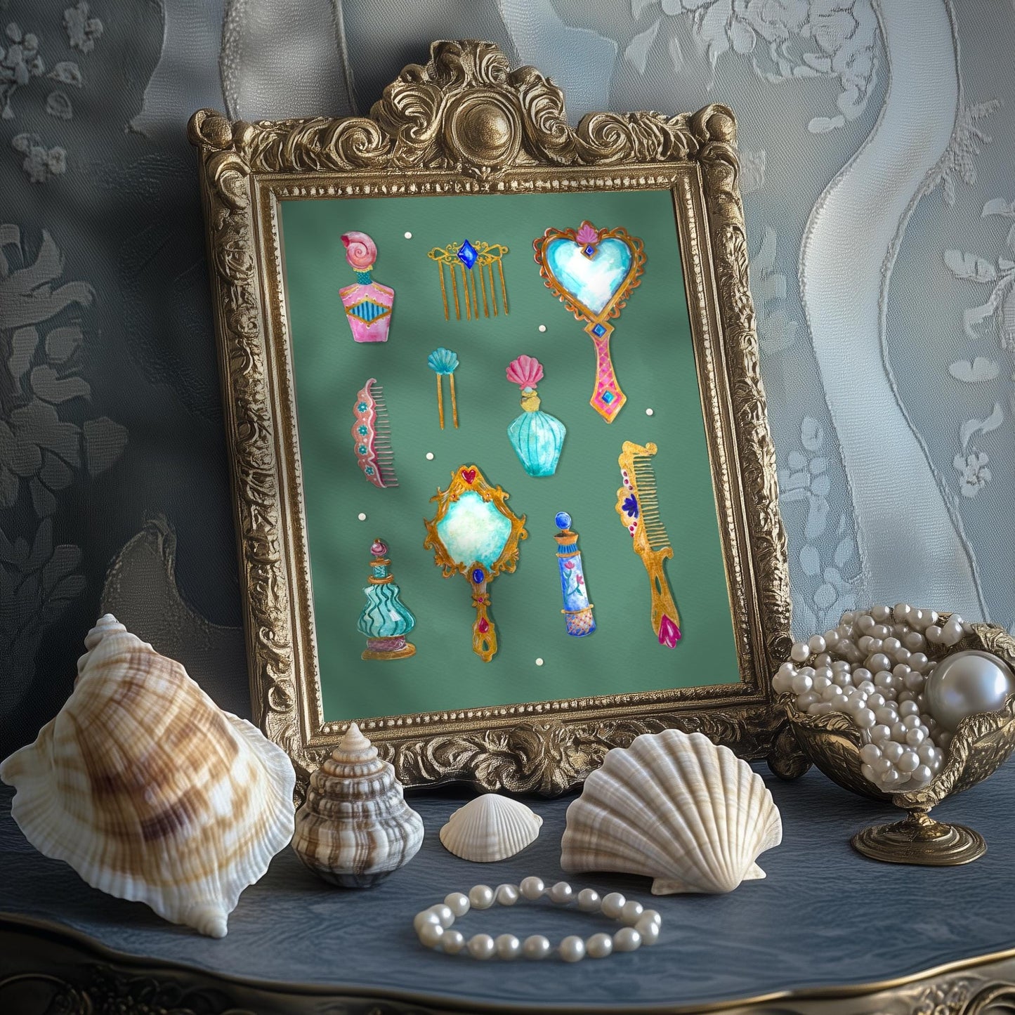 Vanity Relics Art Print – Messy Coquette Aesthetic – Vintage Perfume Wall Art – Feminine Gothic Decor – Baroque Print