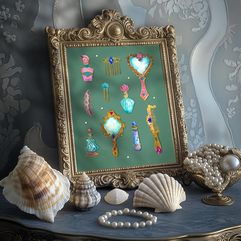 Vanity Relics Art Print – Messy Coquette Aesthetic – Vintage Perfume Wall Art – Feminine Gothic Decor – Baroque Print