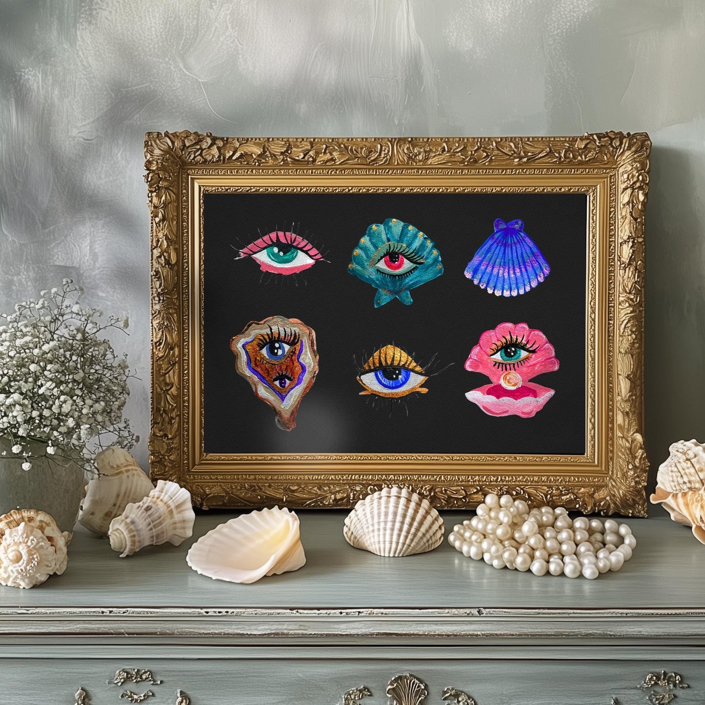 Ocean Eyes Art Print – Surreal Eye Wall Art Moody Coastal Aesthetic Print Maximalist Ocean Decor Gallery Wall Art Psychedelic Art Print