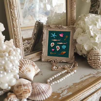 Cabinet of Sea Curiosities – Dark Coastal Decor Print, Surreal Mermaidcore Wall Art, Vintage Shell & Fish Illustration, Maximalist Ocean