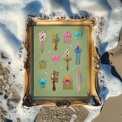 Mermaid Combs Wall Art – Surreal Vintage Hair Comb Art Print, Ocean Coquette Wall Decor, Whimsical Mermaidcore Beauty Art