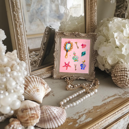 Pearls and Things – Coquette Vanity Print – Pastel Coastal Wall Art – Dark Feminine Ocean Decor – Mystical Mermaidcore Aesthetic