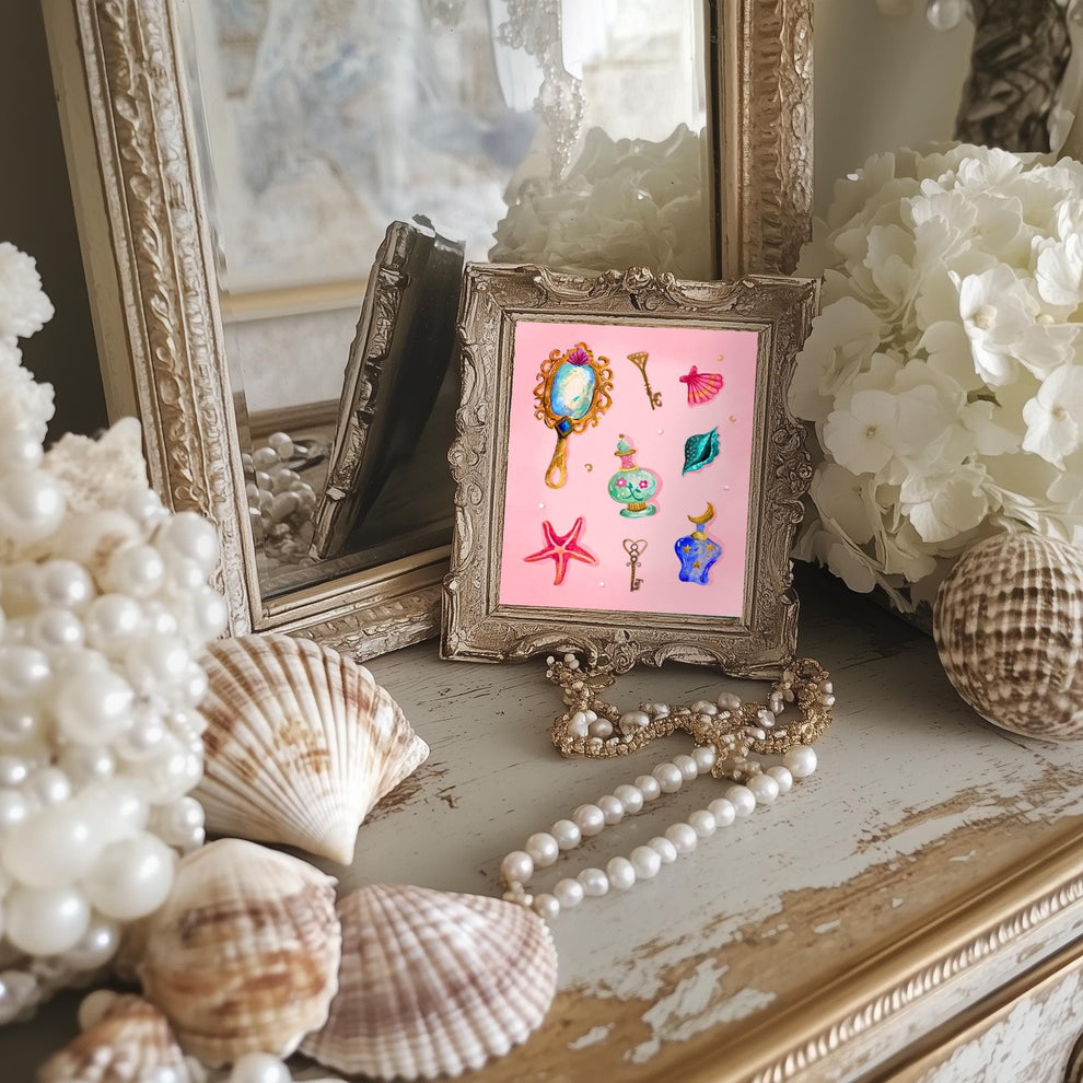 Pearls and Things – Coquette Vanity Print – Pastel Coastal Wall Art – Dark Feminine Ocean Decor – Mystical Mermaidcore Aesthetic