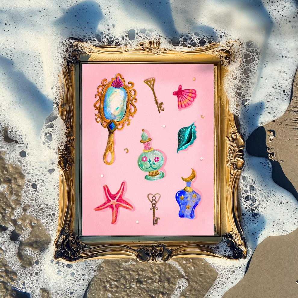 Pearls and Things – Coquette Vanity Print – Pastel Coastal Wall Art – Dark Feminine Ocean Decor – Mystical Mermaidcore Aesthetic