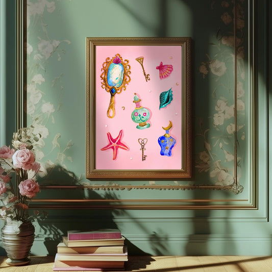 Pearls and Things – Coquette Vanity Print – Pastel Coastal Wall Art – Dark Feminine Ocean Decor – Mystical Mermaidcore Aesthetic