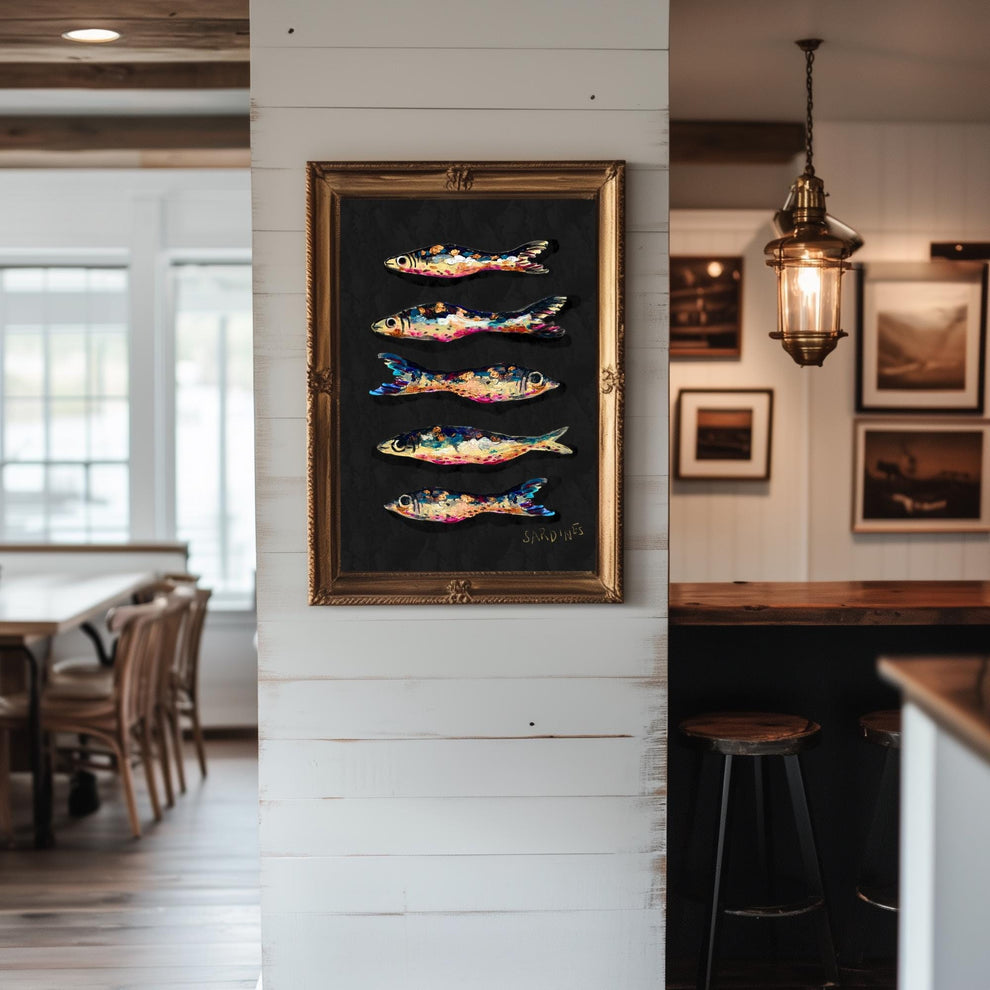 Moody Jewel Toned Sardines Print – Hand-Painted Nautical Wall Art – Rustic Coastal Decor – Textured Art Print – Ocean Kitchen Wall Art