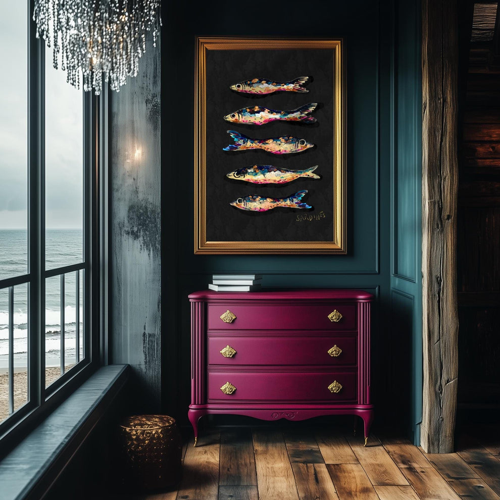 Moody Jewel Toned Sardines Print – Hand-Painted Nautical Wall Art – Rustic Coastal Decor – Textured Art Print – Ocean Kitchen Wall Art