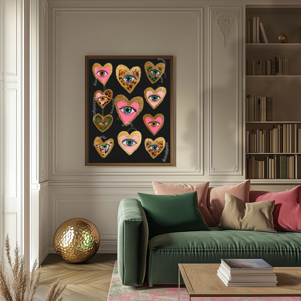 Heart Eye Wall Art – Dark Coquette Decor – Leopard Print Eye Art – Pink Gold Maximalist Print – Funky Dopamine Wall Art