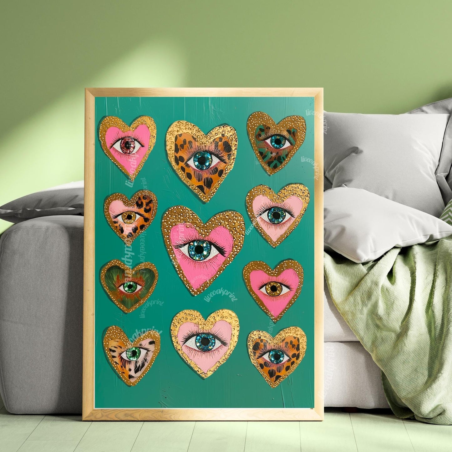 Heart Eye Art Print – Green Maximalist Wall Art – Funky Coquette Decor – Leopard Print Eye Poster – Dopamine Decor for Bold Interiors