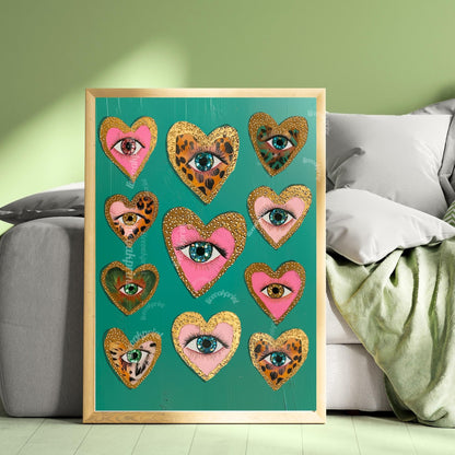 Heart Eye Art Print – Green Maximalist Wall Art – Funky Coquette Decor – Leopard Print Eye Poster – Dopamine Decor for Bold Interiors