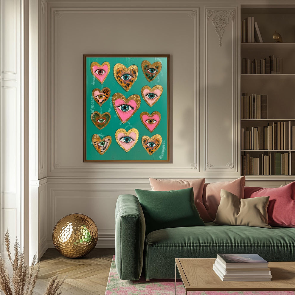Heart Eye Art Print – Green Maximalist Wall Art – Funky Coquette Decor – Leopard Print Eye Poster – Dopamine Decor for Bold Interiors
