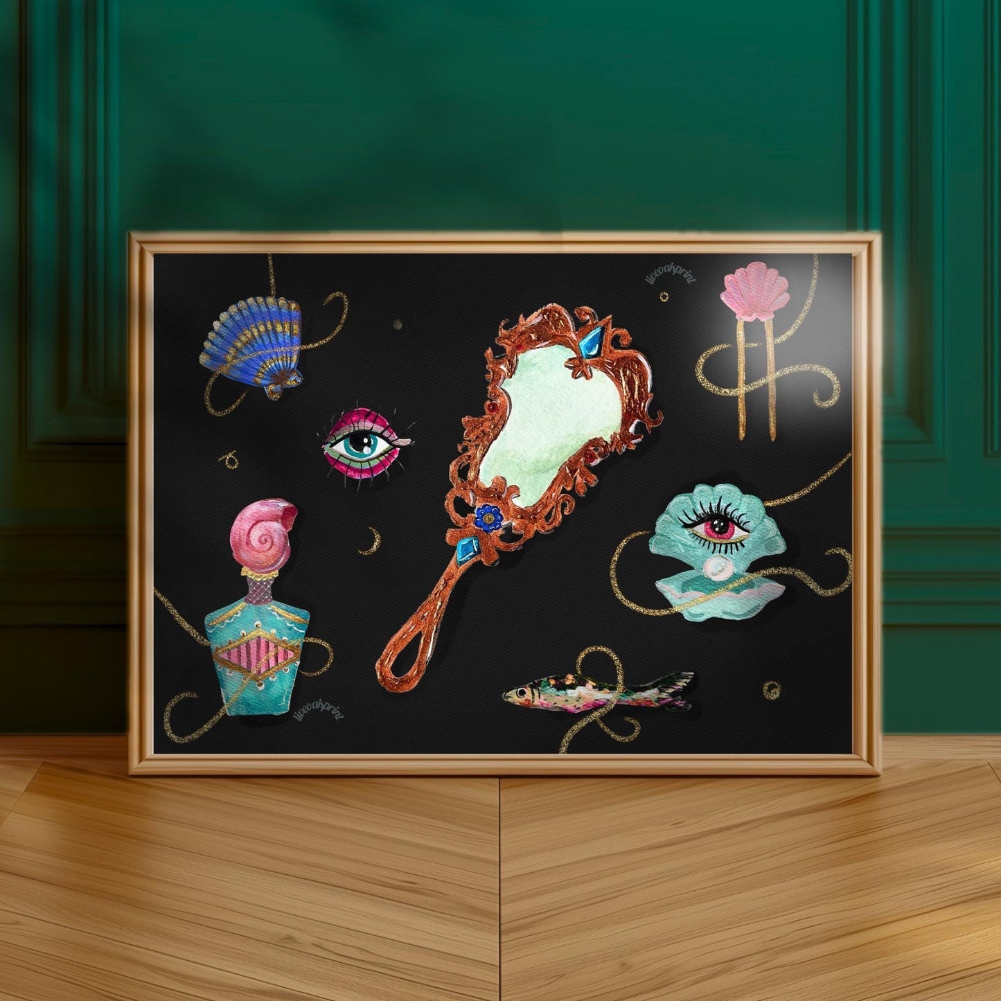 Underwater Relics – Surreal Vanity Wall Art, Dark Ocean Mermaidcore Decor, Maximalist Coquette Art Print, Mystical Bathroom or Bedroom Print