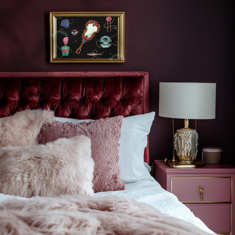 Underwater Relics – Surreal Vanity Wall Art, Dark Ocean Mermaidcore Decor, Maximalist Coquette Art Print, Mystical Bathroom or Bedroom Print