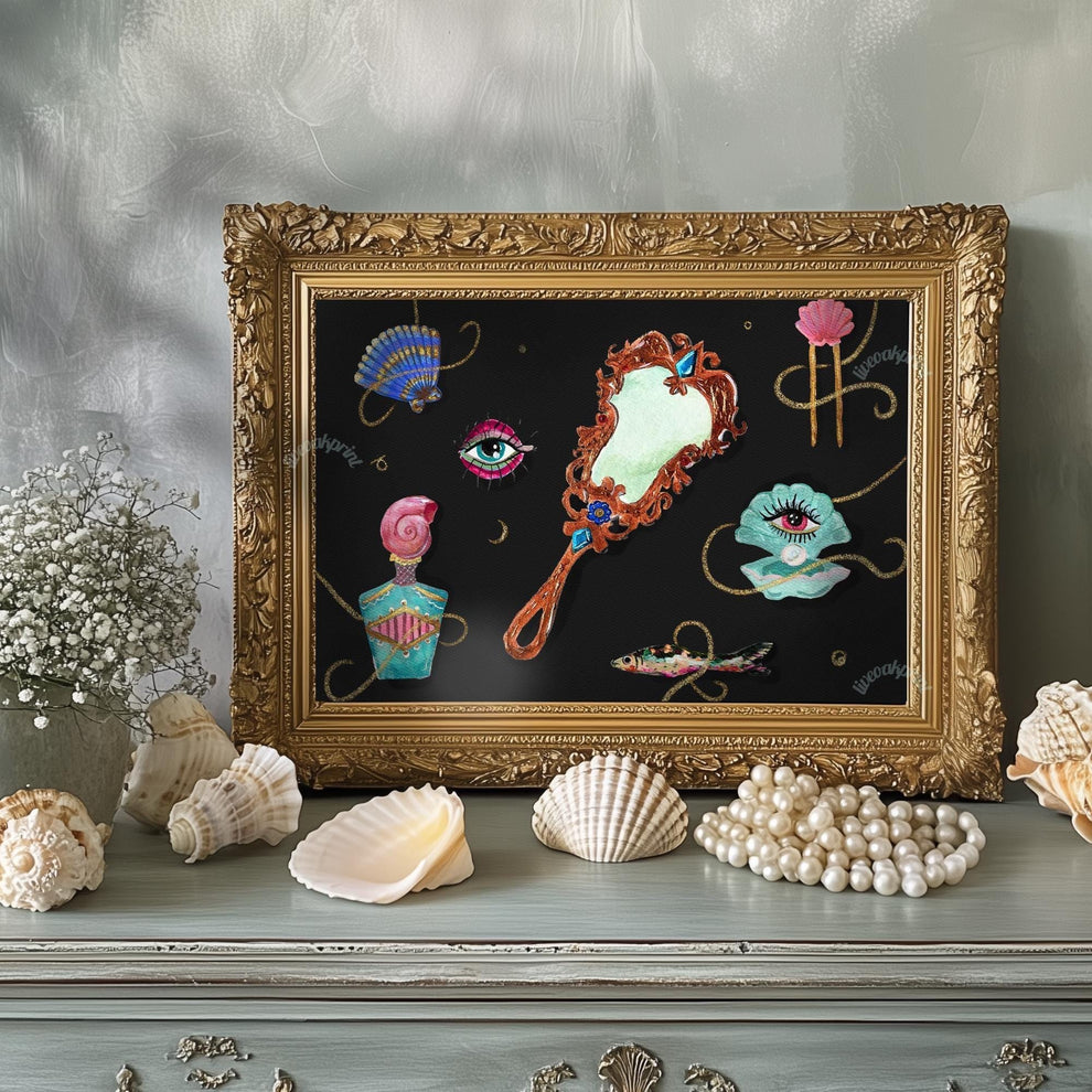 Underwater Relics – Surreal Vanity Wall Art, Dark Ocean Mermaidcore Decor, Maximalist Coquette Art Print, Mystical Bathroom or Bedroom Print