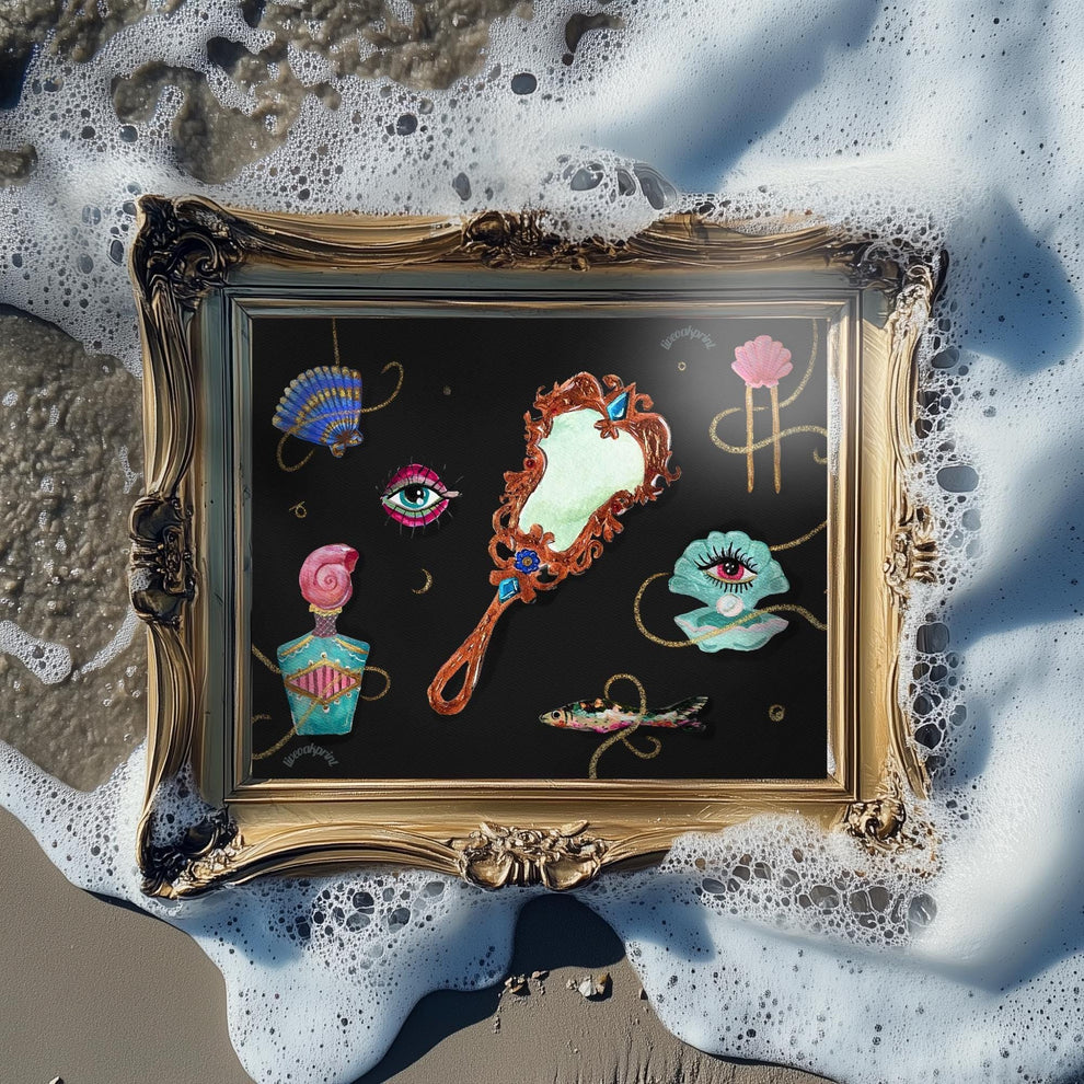 Underwater Relics – Surreal Vanity Wall Art, Dark Ocean Mermaidcore Decor, Maximalist Coquette Art Print, Mystical Bathroom or Bedroom Print