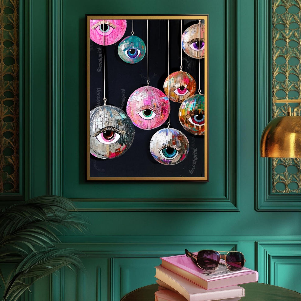 Disco Eye Ball Art Print – Maximalist Wall Art – Funky Surreal Decor – Hanging Disco Balls – Coquette Dopamine Decor – Retro Party Aesthetic