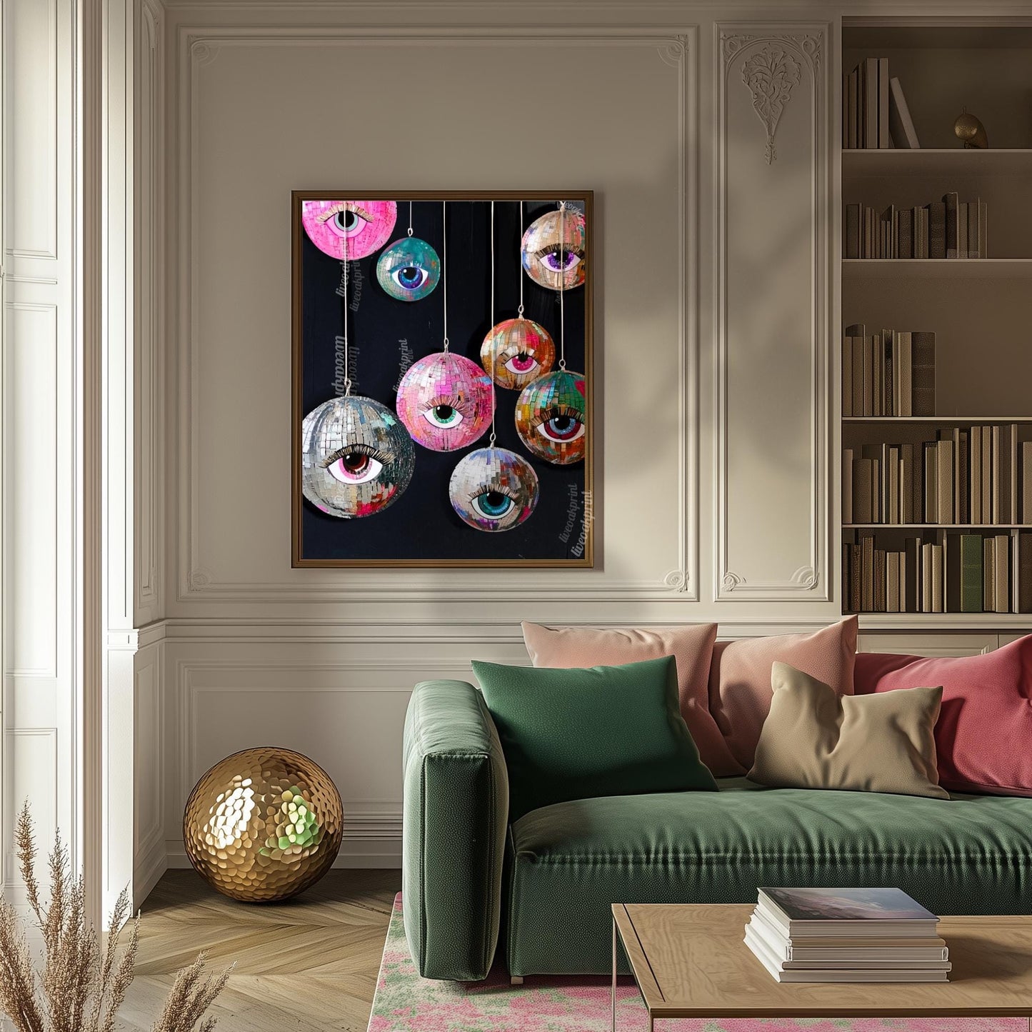 Disco Eye Ball Art Print – Maximalist Wall Art – Funky Surreal Decor – Hanging Disco Balls – Coquette Dopamine Decor – Retro Party Aesthetic