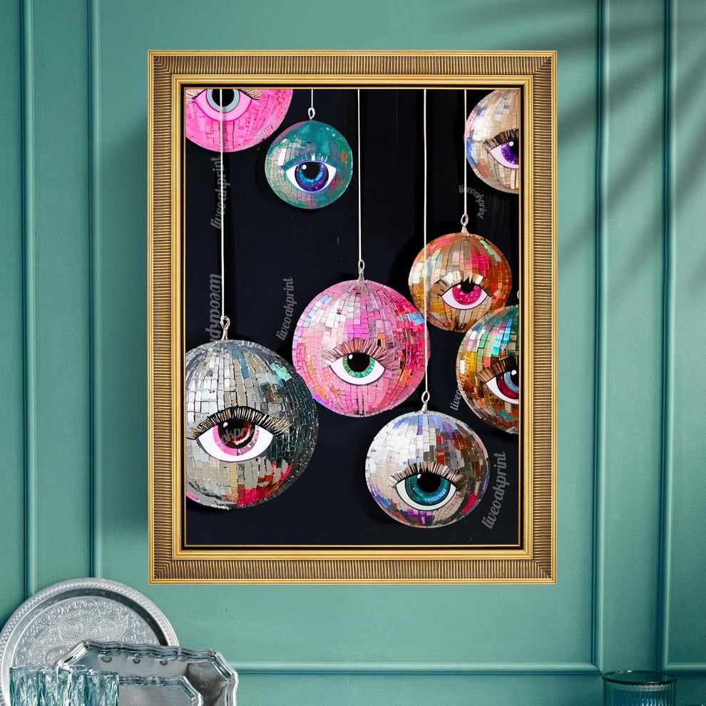 Disco Eye Ball Art Print – Maximalist Wall Art – Funky Surreal Decor – Hanging Disco Balls – Coquette Dopamine Decor – Retro Party Aesthetic