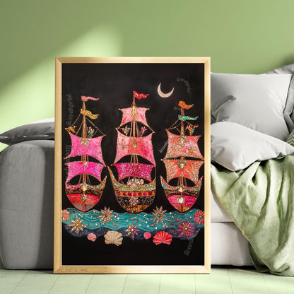 Surreal Ship Wall Art – Dark Coastal Decor – Maximalist Maritime Print – Marine Fantasy Wall Art – Dopamine Decor – Vibrant Nautical Poster