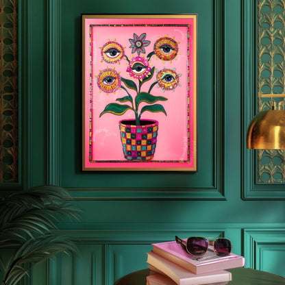 Surreal Flower Wall Art – Eye Art Print Psychedelic Pink Maximalist Wall Decor Dopamine Decor Funky Floral Poster Plant Wall Art Surrealist