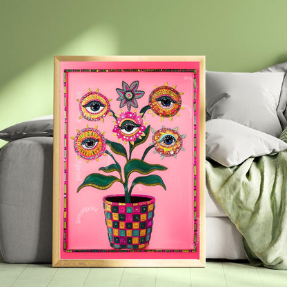 Surreal Flower Wall Art – Eye Art Print Psychedelic Pink Maximalist Wall Decor Dopamine Decor Funky Floral Poster Plant Wall Art Surrealist