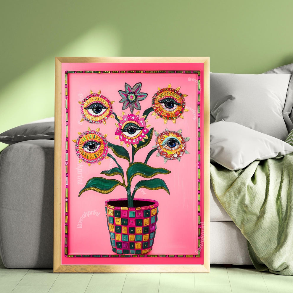 Surreal Flower Wall Art – Eye Art Print Psychedelic Pink Maximalist Wall Decor Dopamine Decor Funky Floral Poster Plant Wall Art Surrealist