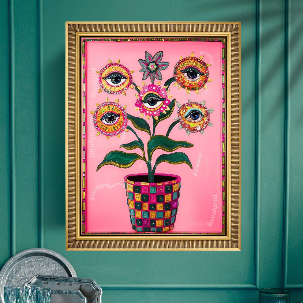 Surreal Flower Wall Art – Eye Art Print Psychedelic Pink Maximalist Wall Decor Dopamine Decor Funky Floral Poster Plant Wall Art Surrealist