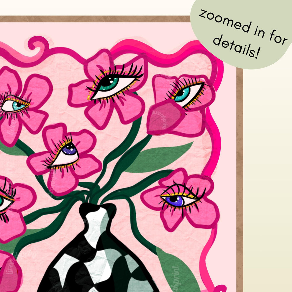 Pink Surreal Eye Flower Print – Funky Maximalist Wall Art – Pink Checkerboard Vase Poster – Trippy Retro Decor – Dopamine Aesthetic Eyeballs