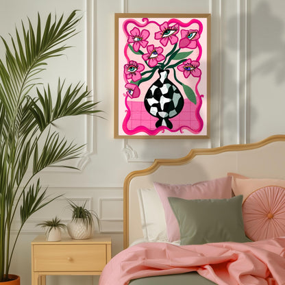 Pink Surreal Eye Flower Print – Funky Maximalist Wall Art – Pink Checkerboard Vase Poster – Trippy Retro Decor – Dopamine Aesthetic Eyeballs