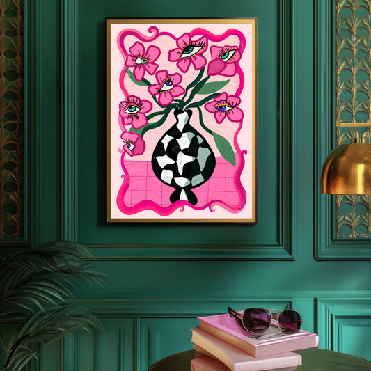 Pink Surreal Eye Flower Print – Funky Maximalist Wall Art – Pink Checkerboard Vase Poster – Trippy Retro Decor – Dopamine Aesthetic Eyeballs